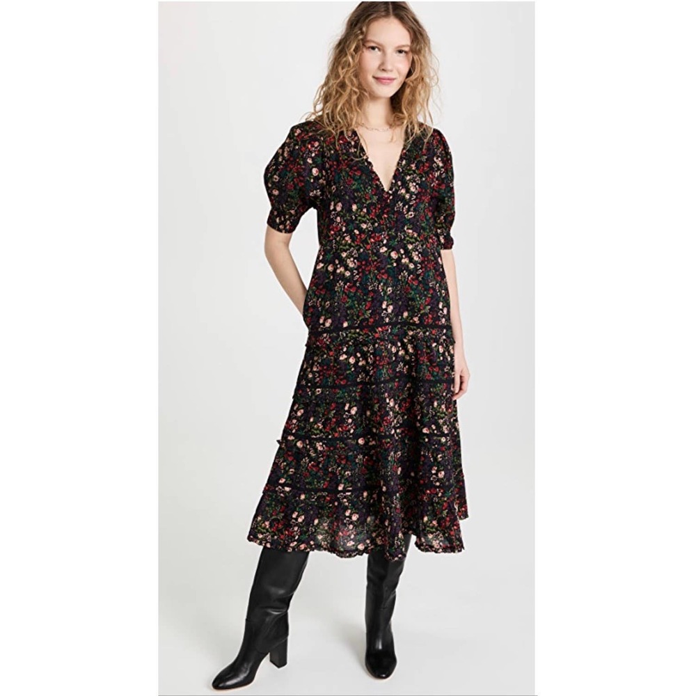 THE GREAT The Yonder Black Floral Dress Medium